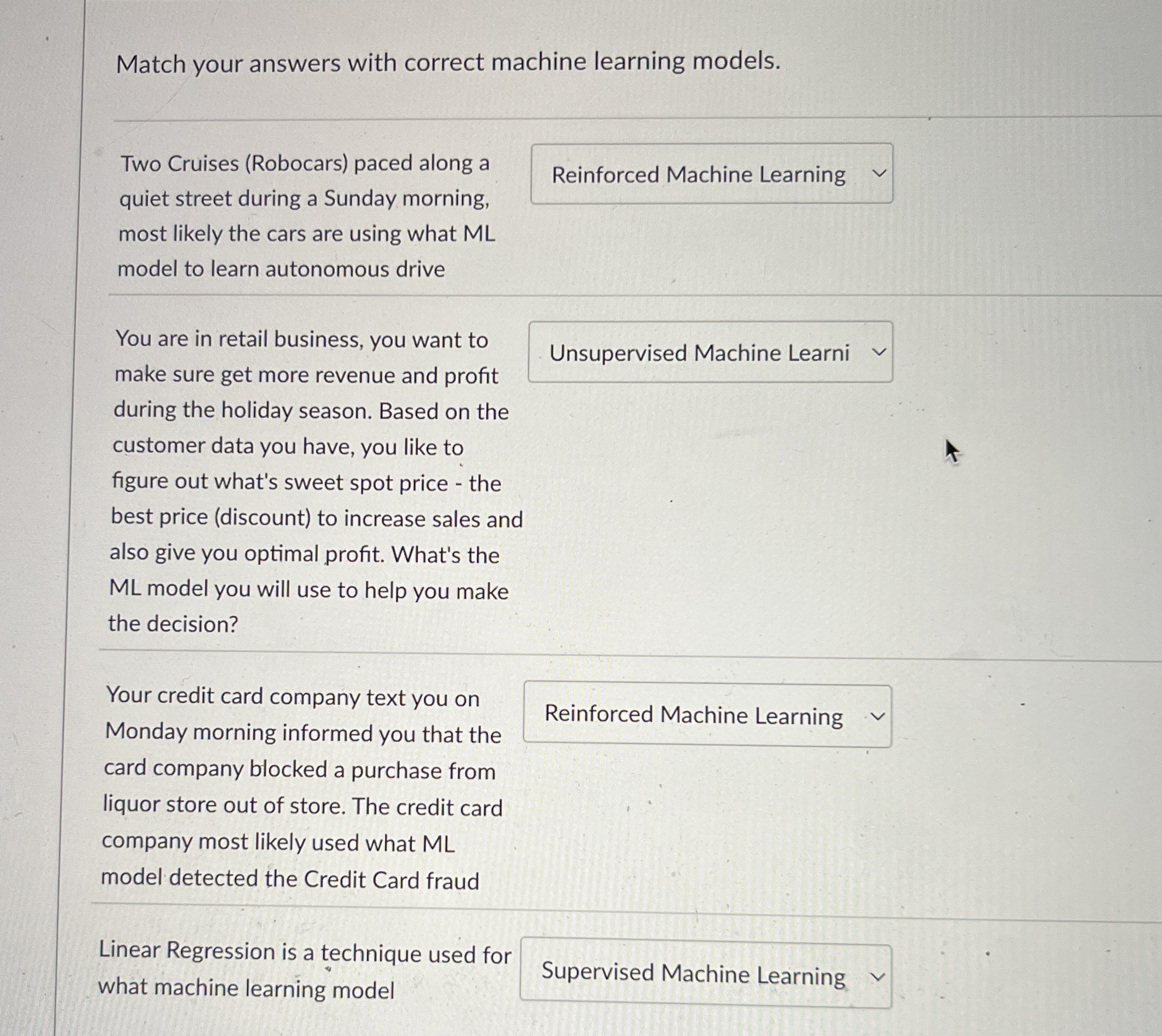 Match your answers with correct machine learning
