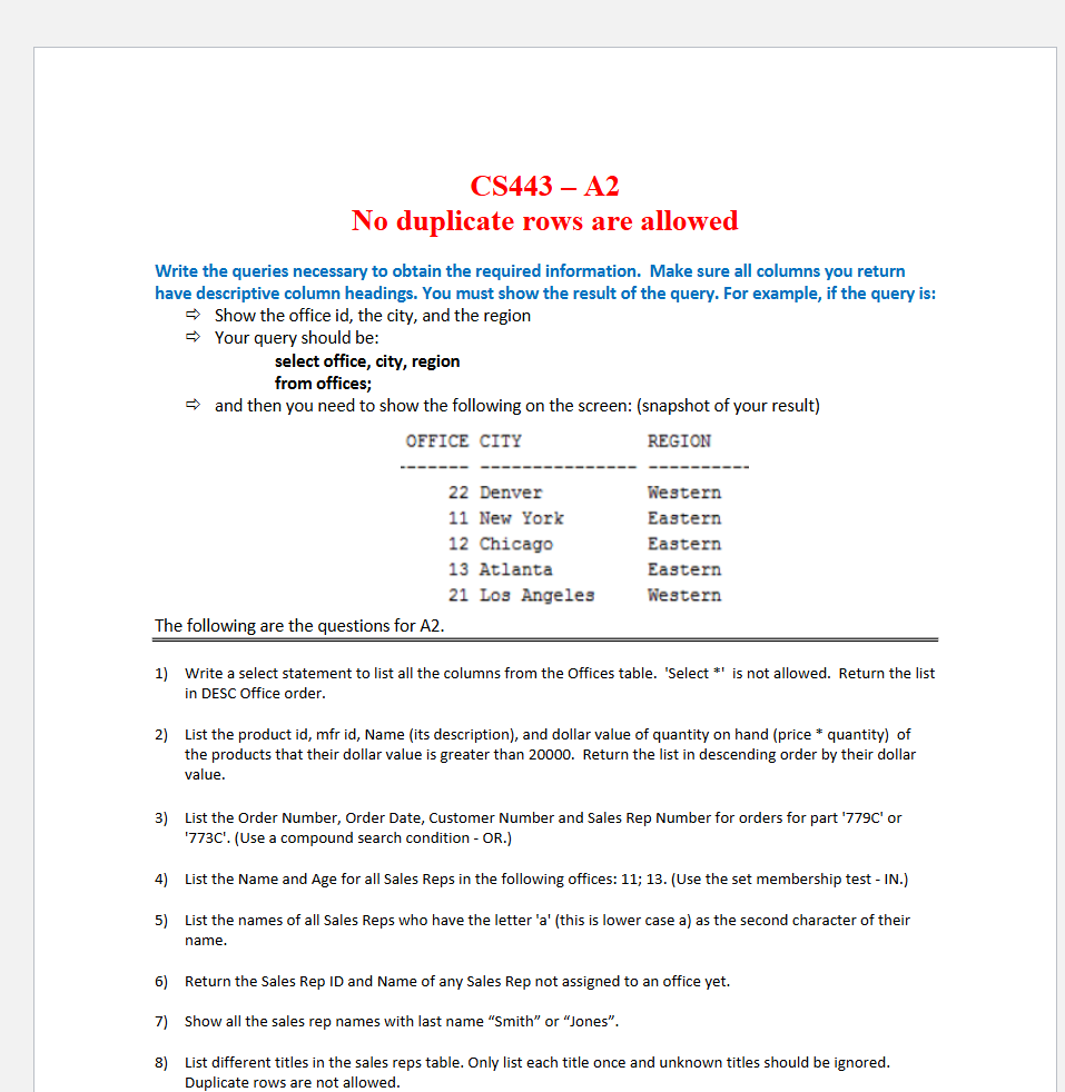 CS 4 4 3 - A 2 No duplicate rows are allowed