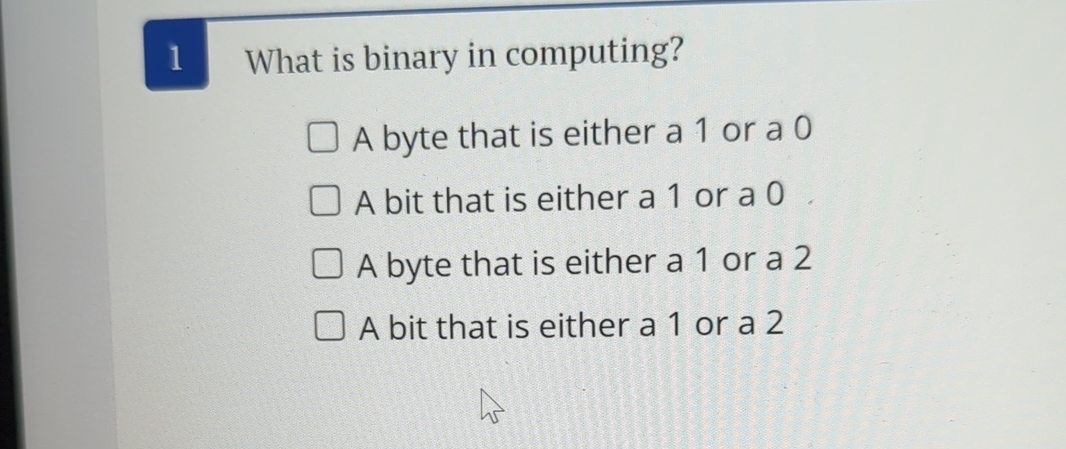 1 What is binary in computing? A byte that is