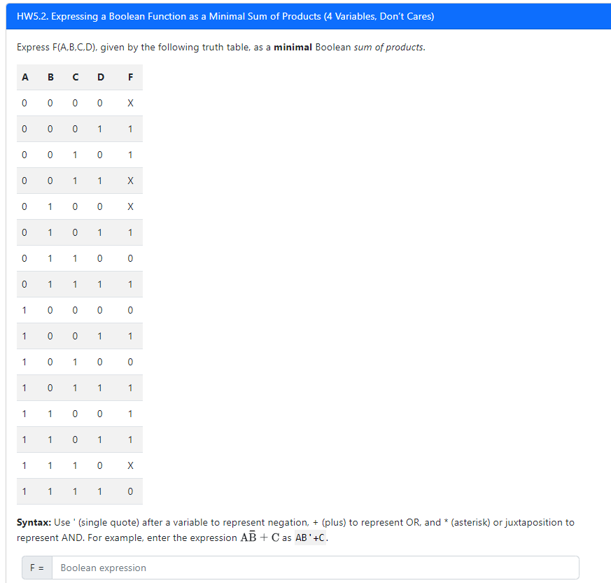 HW 5 . 2 . Expressing a Boolean Function as a