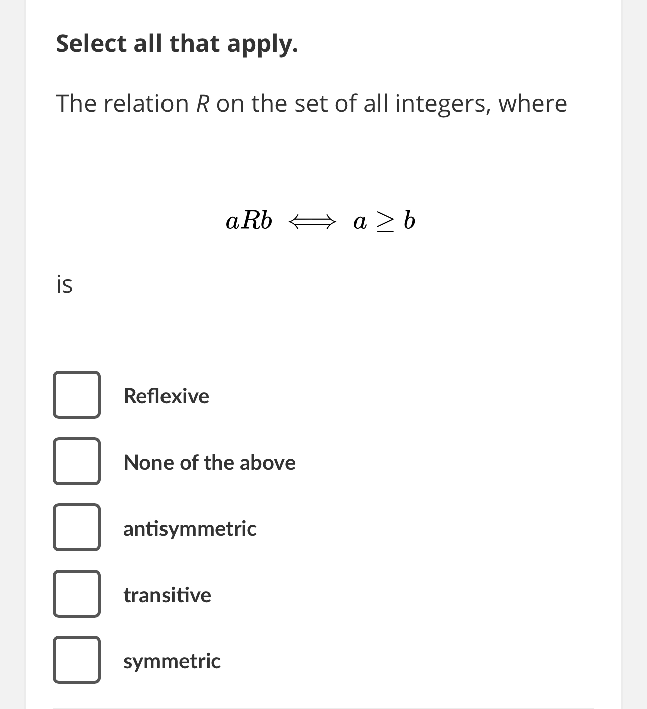 Select all that apply. The relation R on the set