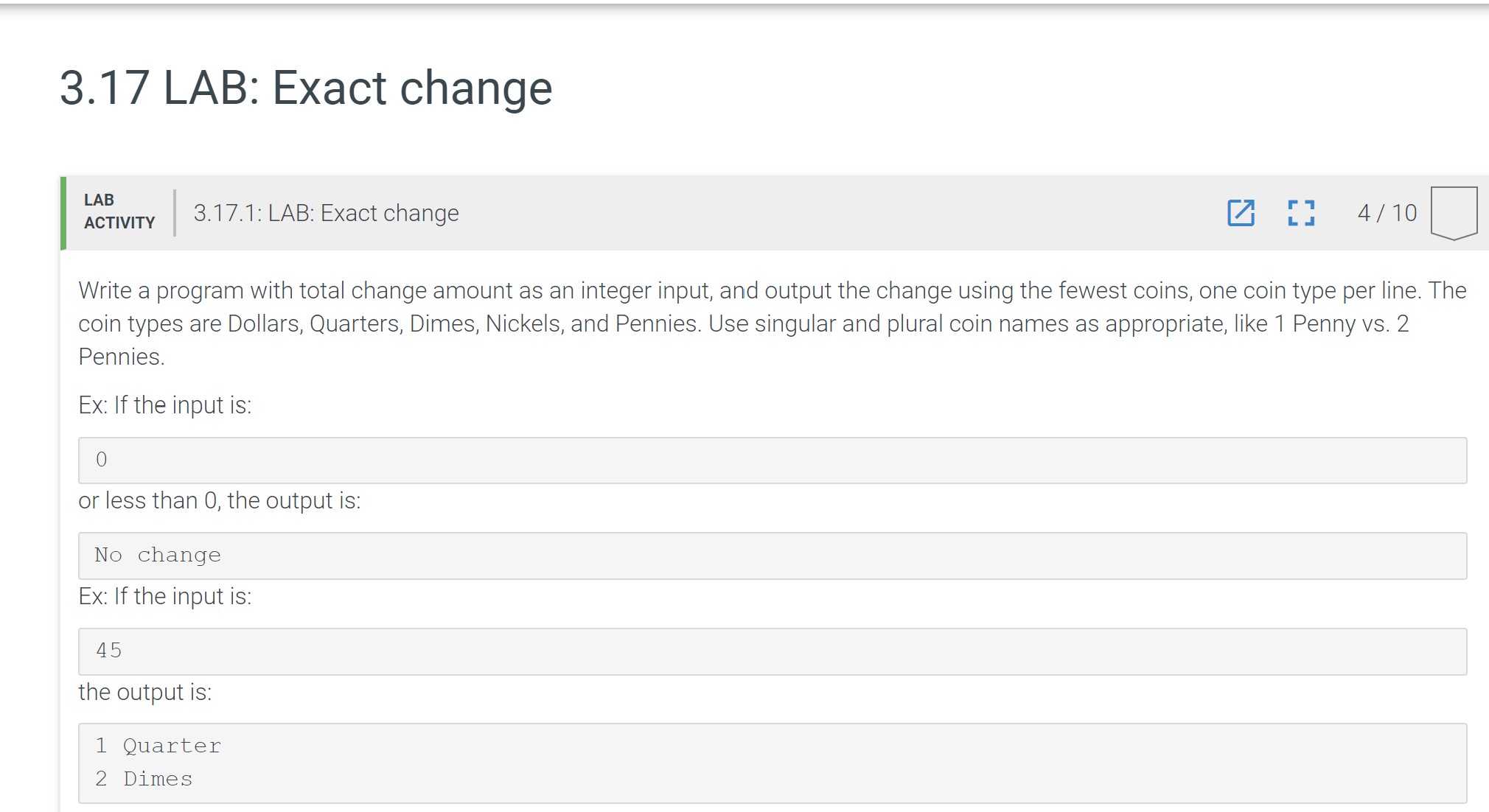 3 . 1 7 . 1 : LAB: Exact change \ ( 4 / 1 0 \ )