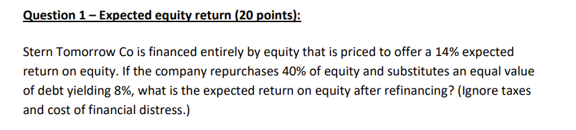 Question 1 - Expected equity return (20 points):