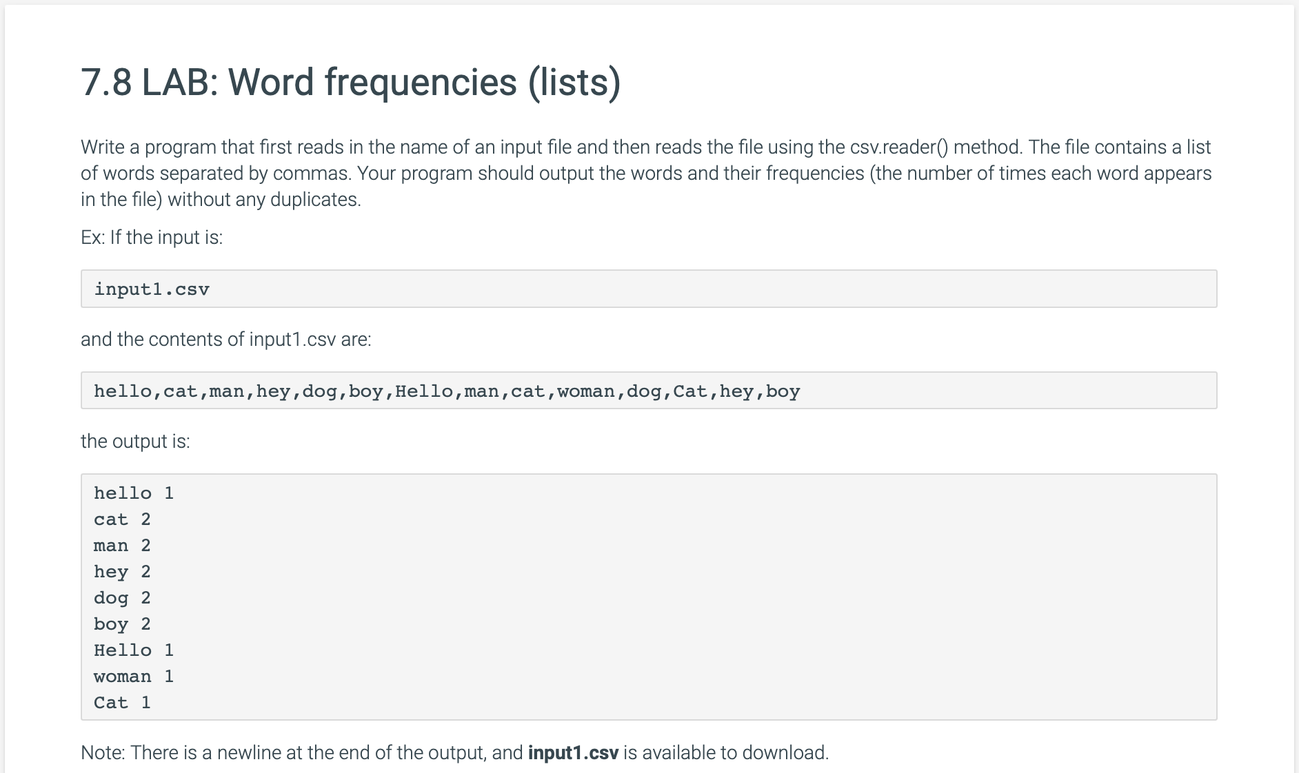 7 . 8 LAB: Word frequencies ( lists ) Write a