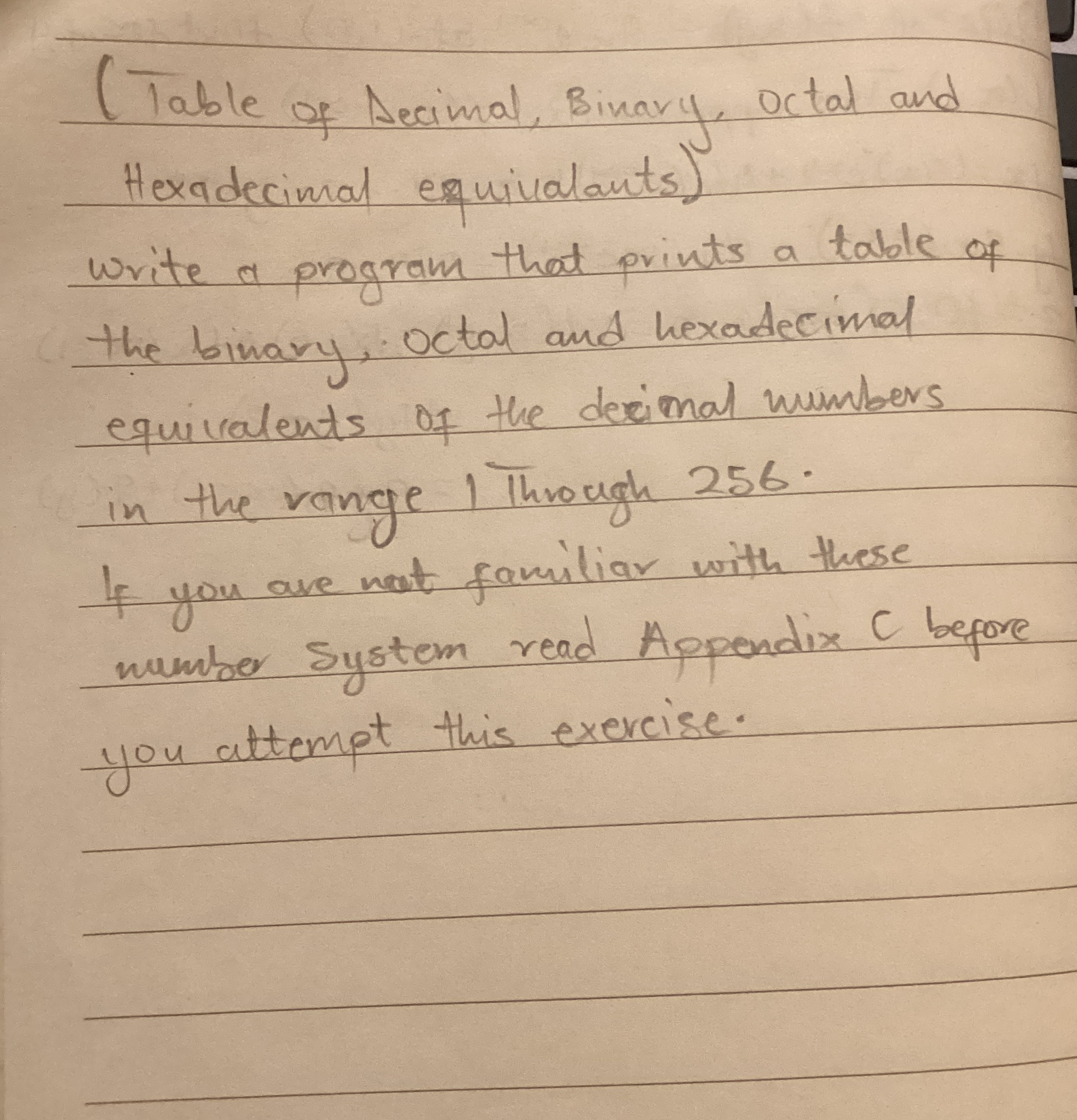 ( Table of Aecimal, Binary, Octal and Hexadecimal