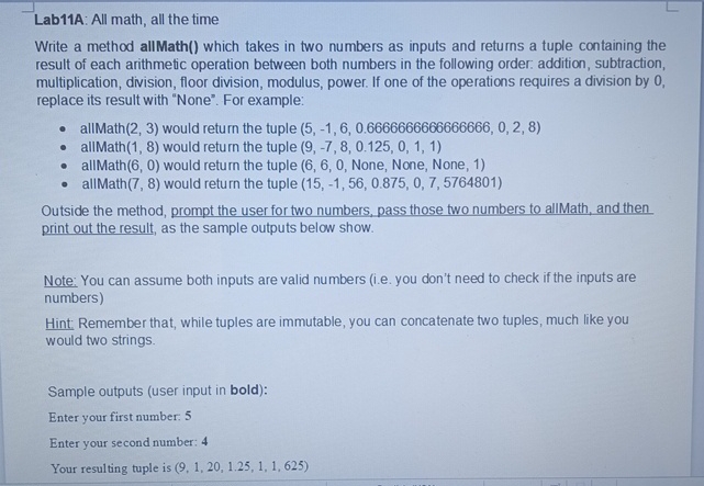 PLEASE I NEED THIS DONE IN PYTHON Lab 1 1 A: All