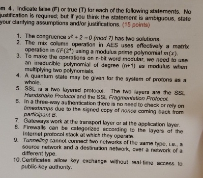 m 4 . Indicate false ( F ) or true ( T ) for each