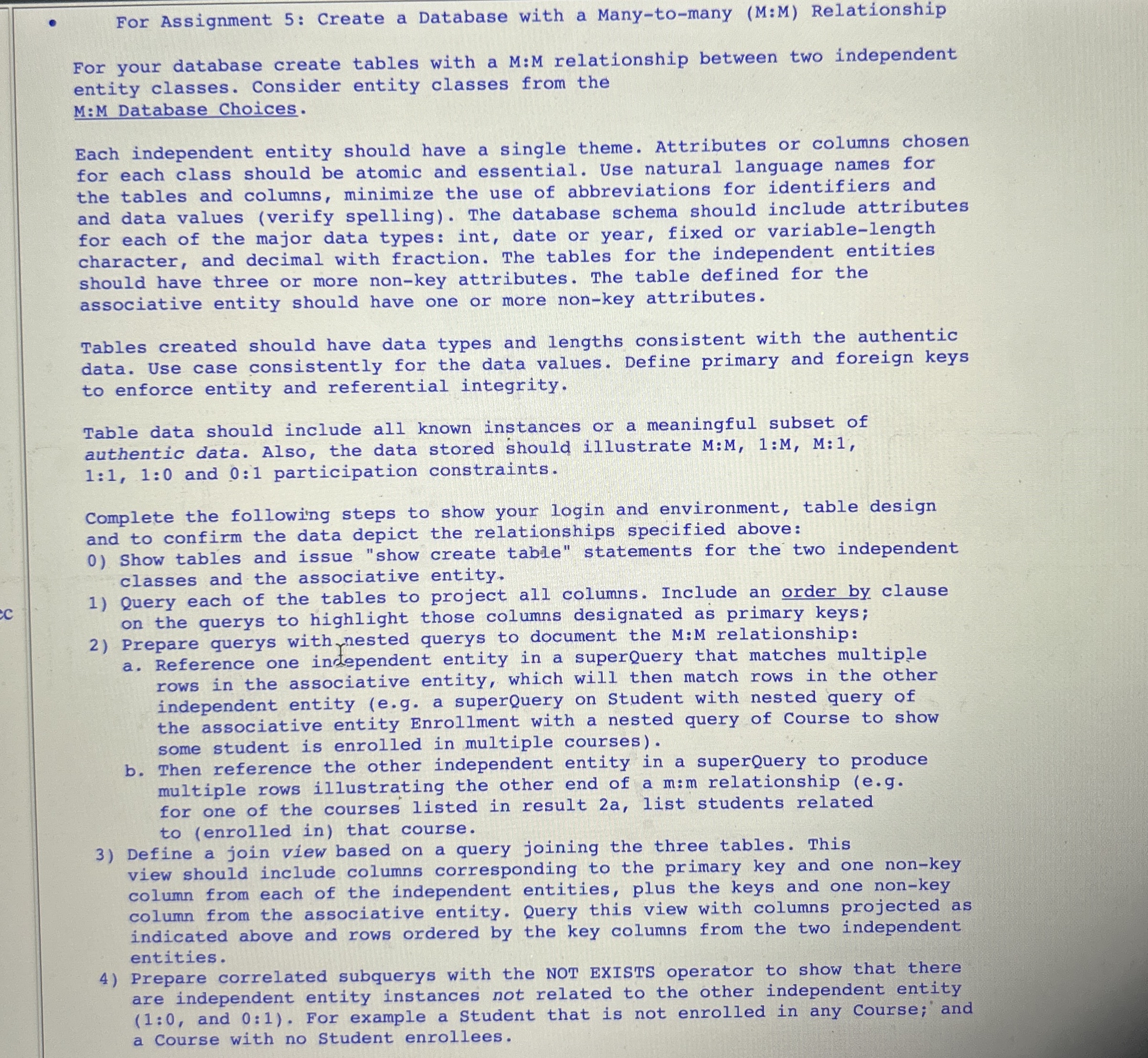 For Assignment 5 : Create a Database with a Many