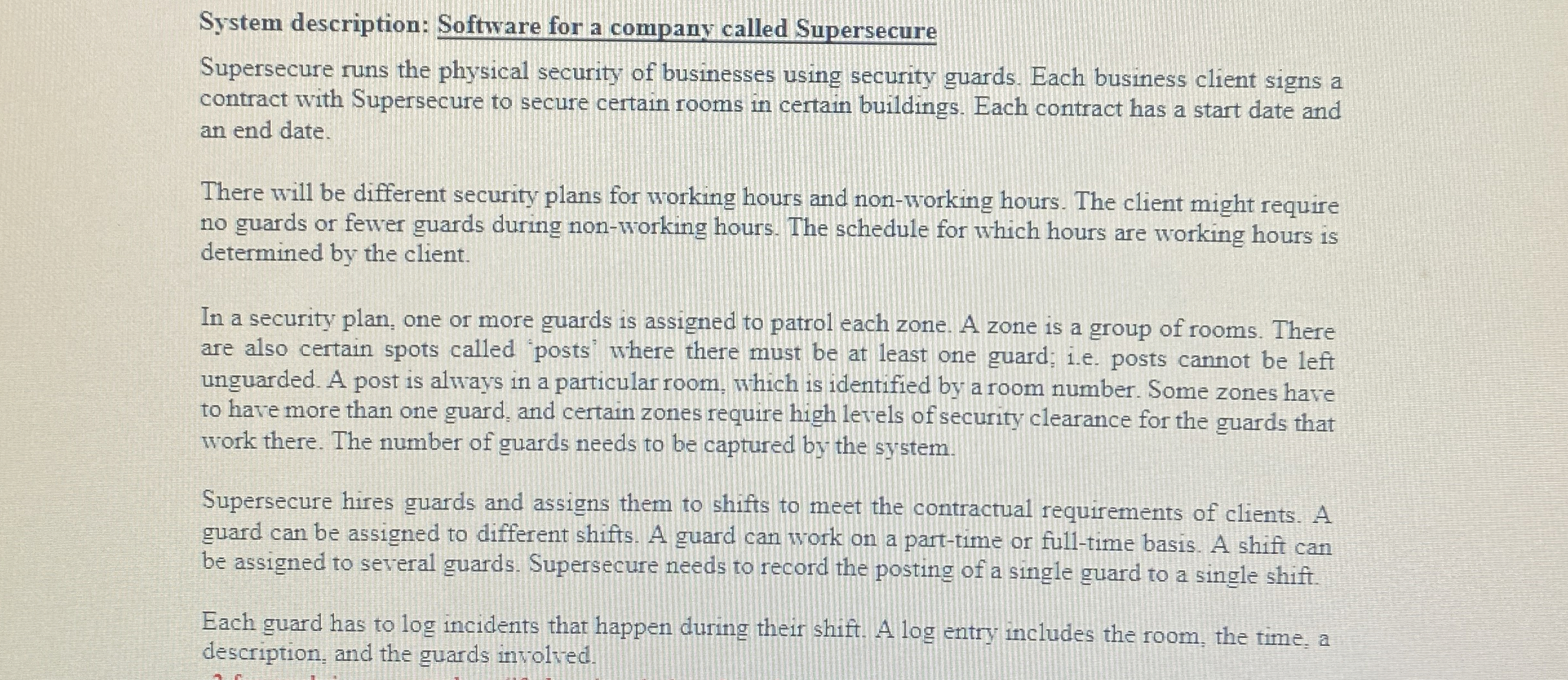 System description: Software for a company called