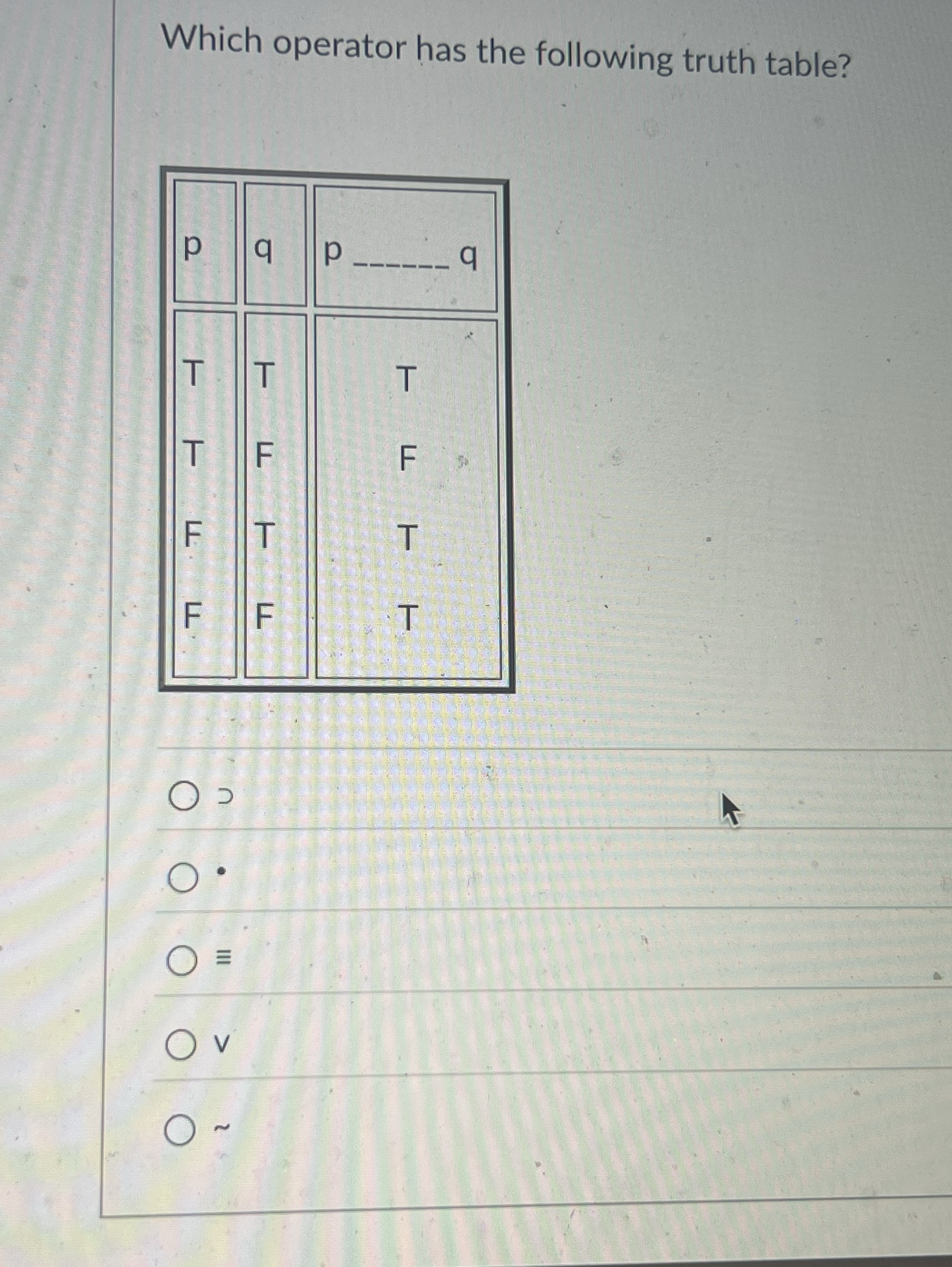 Which operator has the following truth table? " v