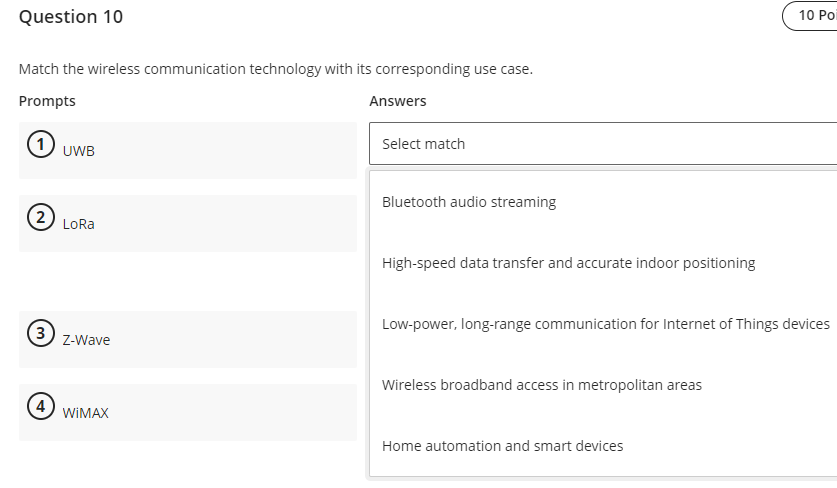 Question 1 0 Match the wireless communication