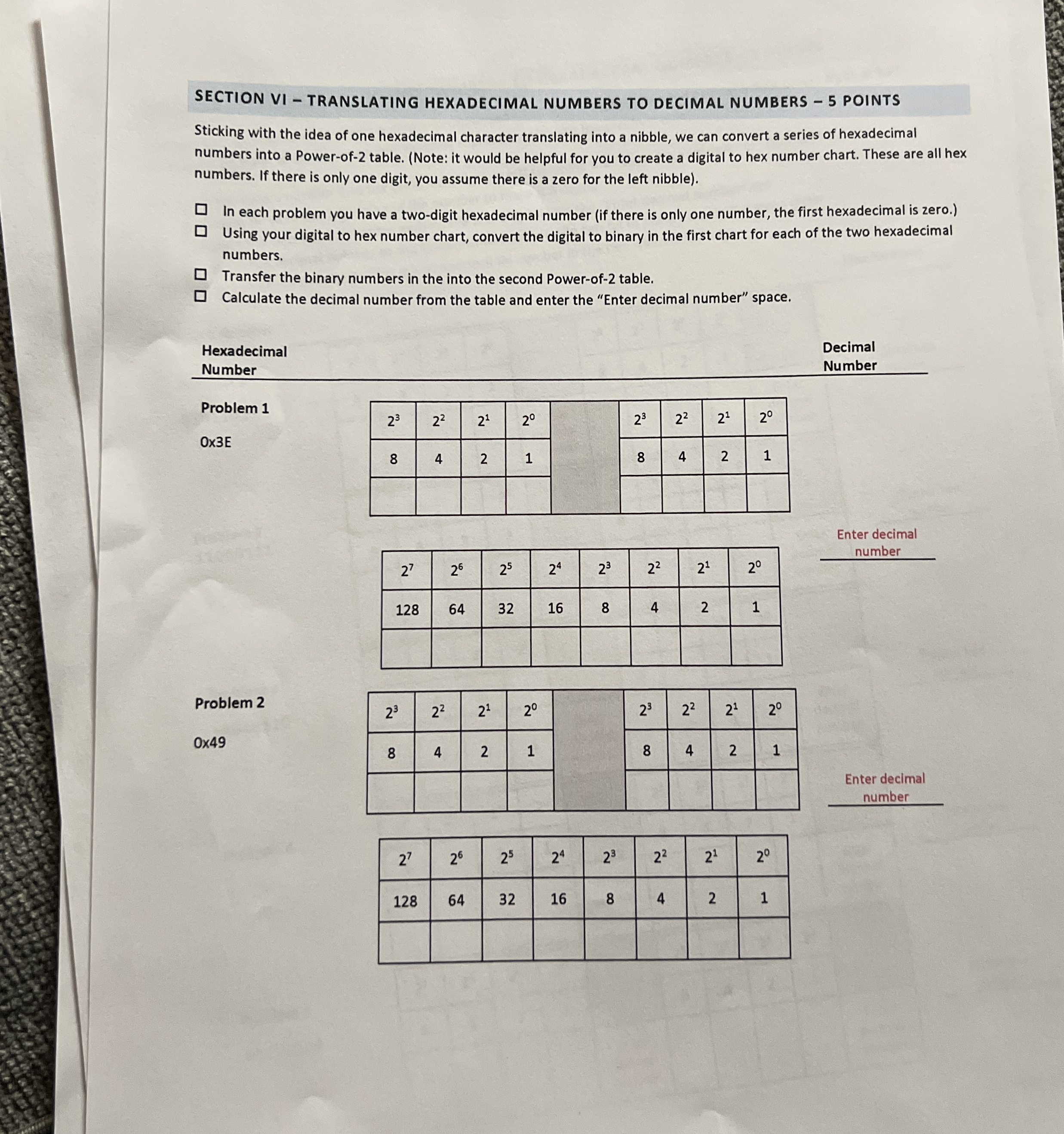 SECTION V - TRANSLATING BINARY NUMBERS TO