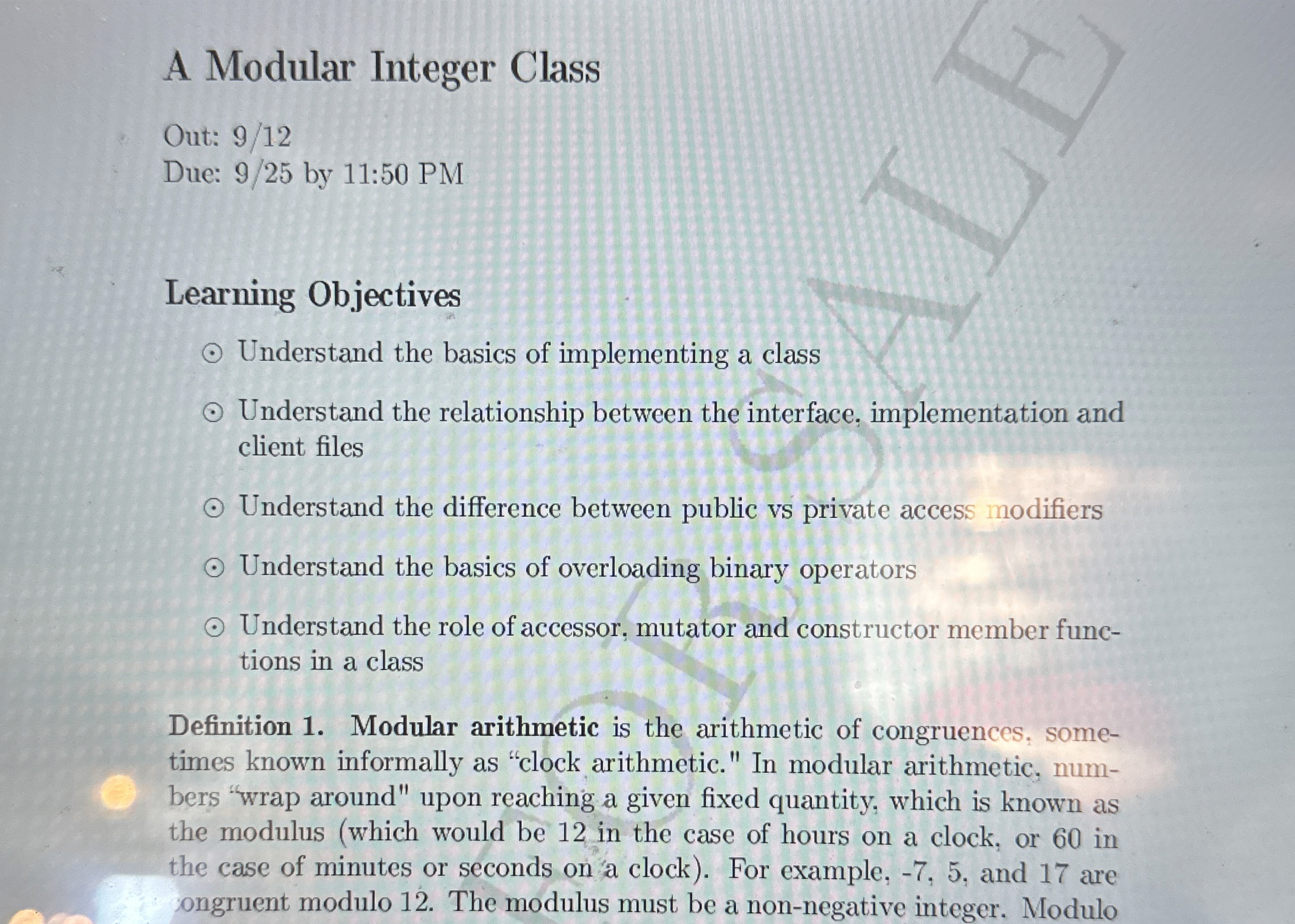 A Modular Integer Class Out: 9 1 2 Due: 9 2 5 by
