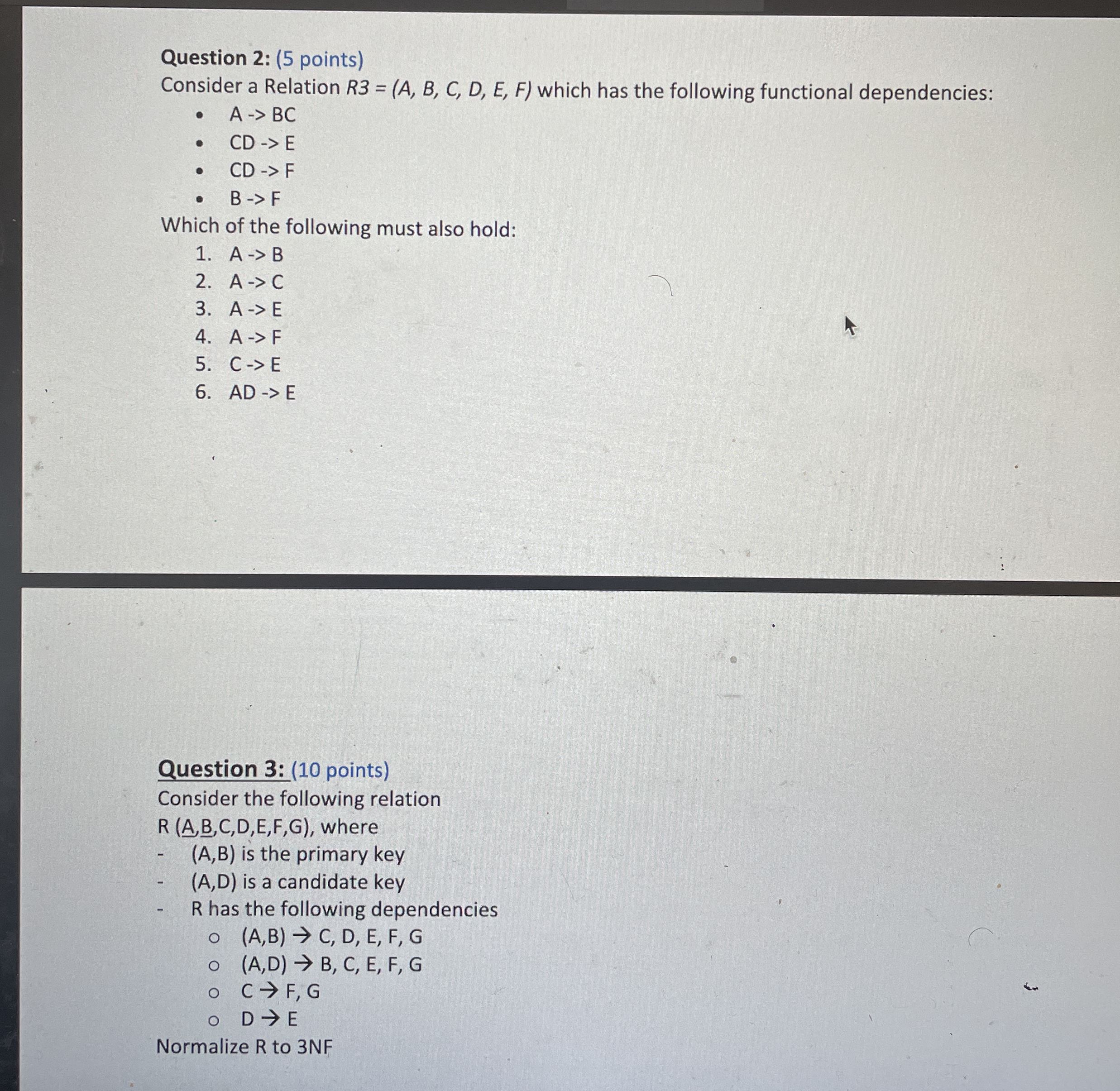 Question 2 : ( 5 points ) Consider a Relation R 3