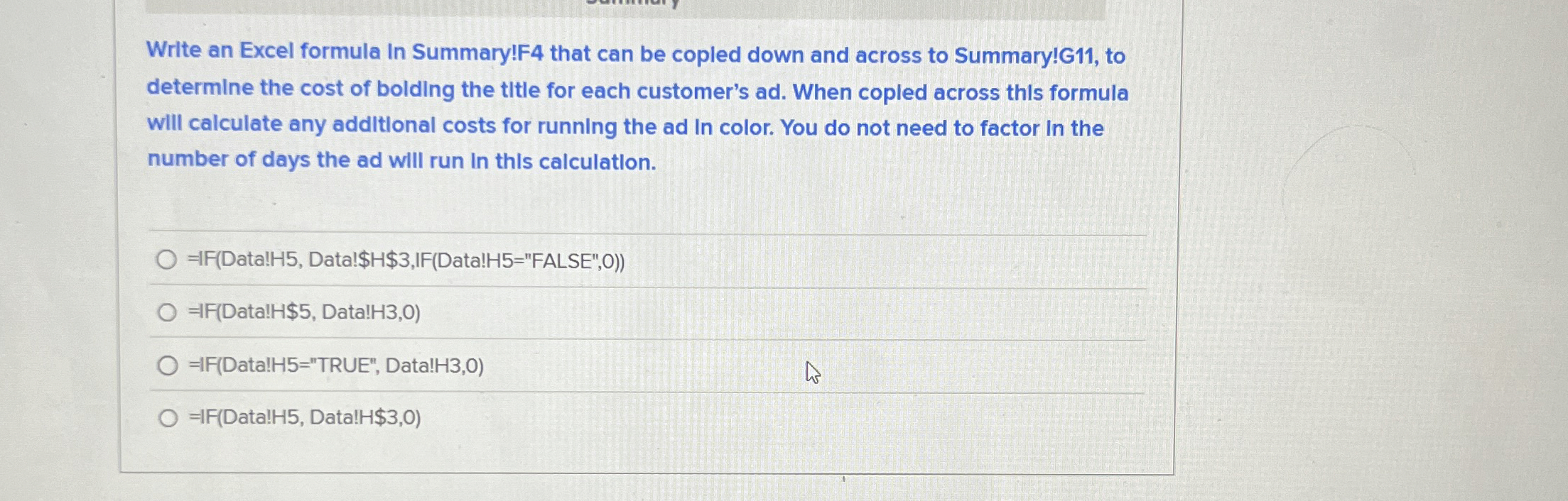 Write an Excel formula In Summary!F 4 that can be