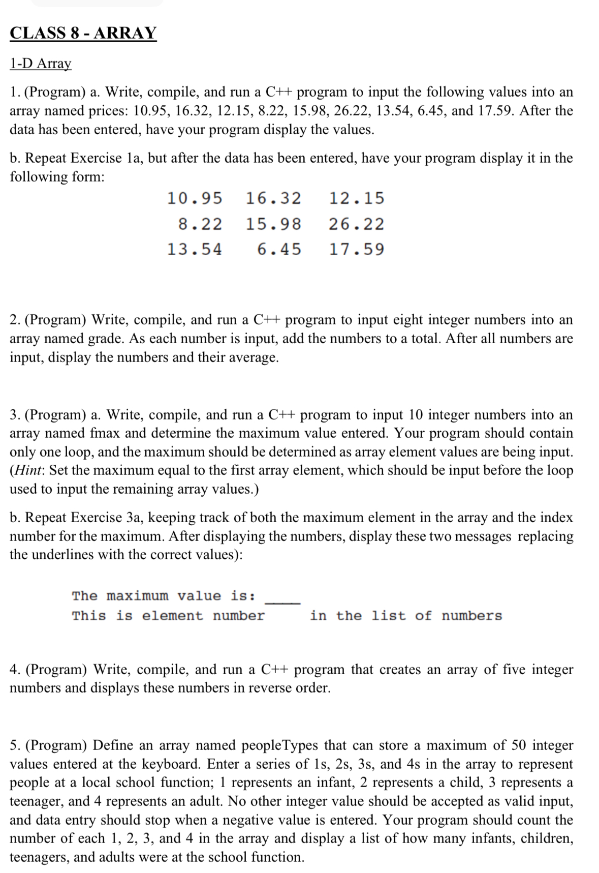 CLASS 8 - ARRAY 1 - D Array ( Program ) a .