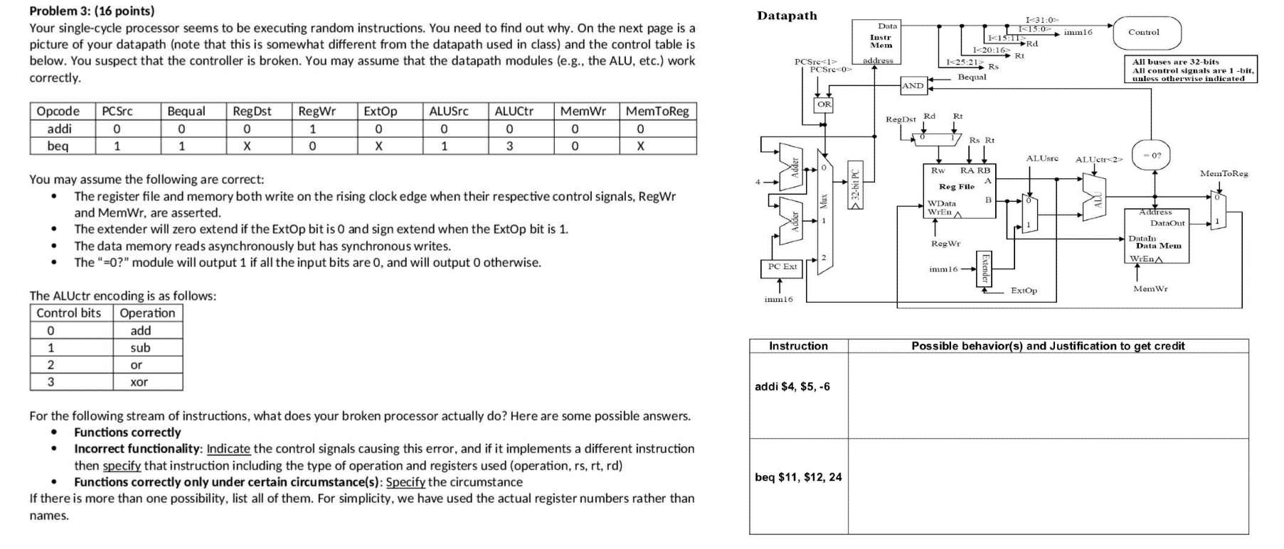Problem 3 : ( 1 6 points ) Your single - cycle