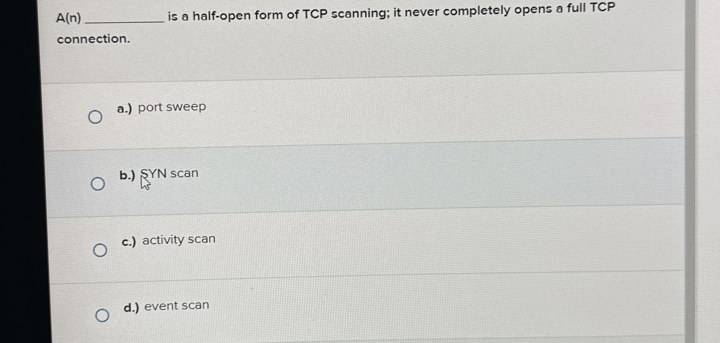A ( n ) is a half - open form of TCP scanning; it