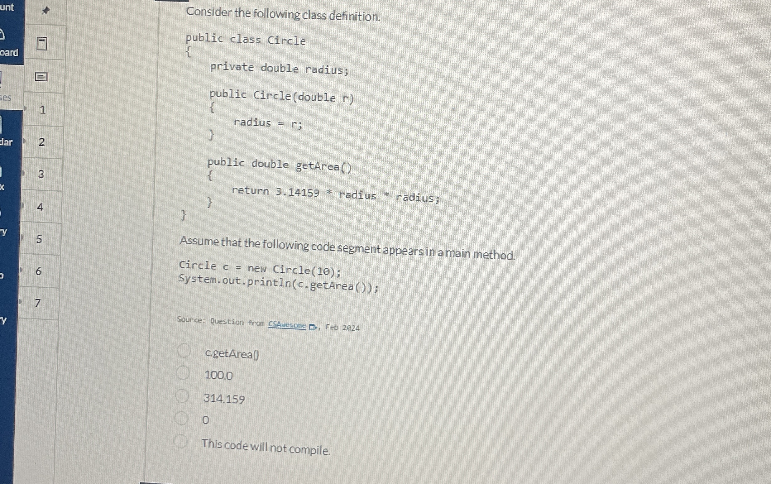 Consider the following class definition. public