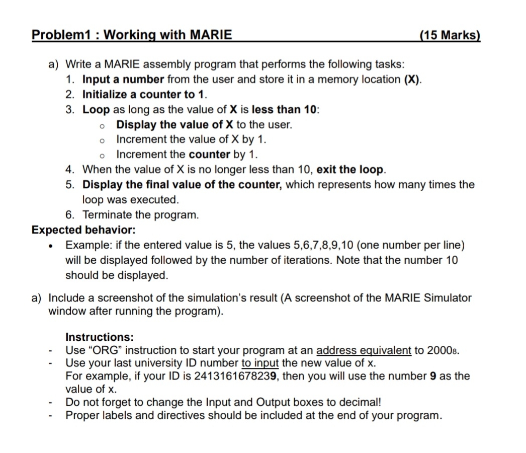 Problem 1 : Working with MARIE ( 1 5 Marks ) a )