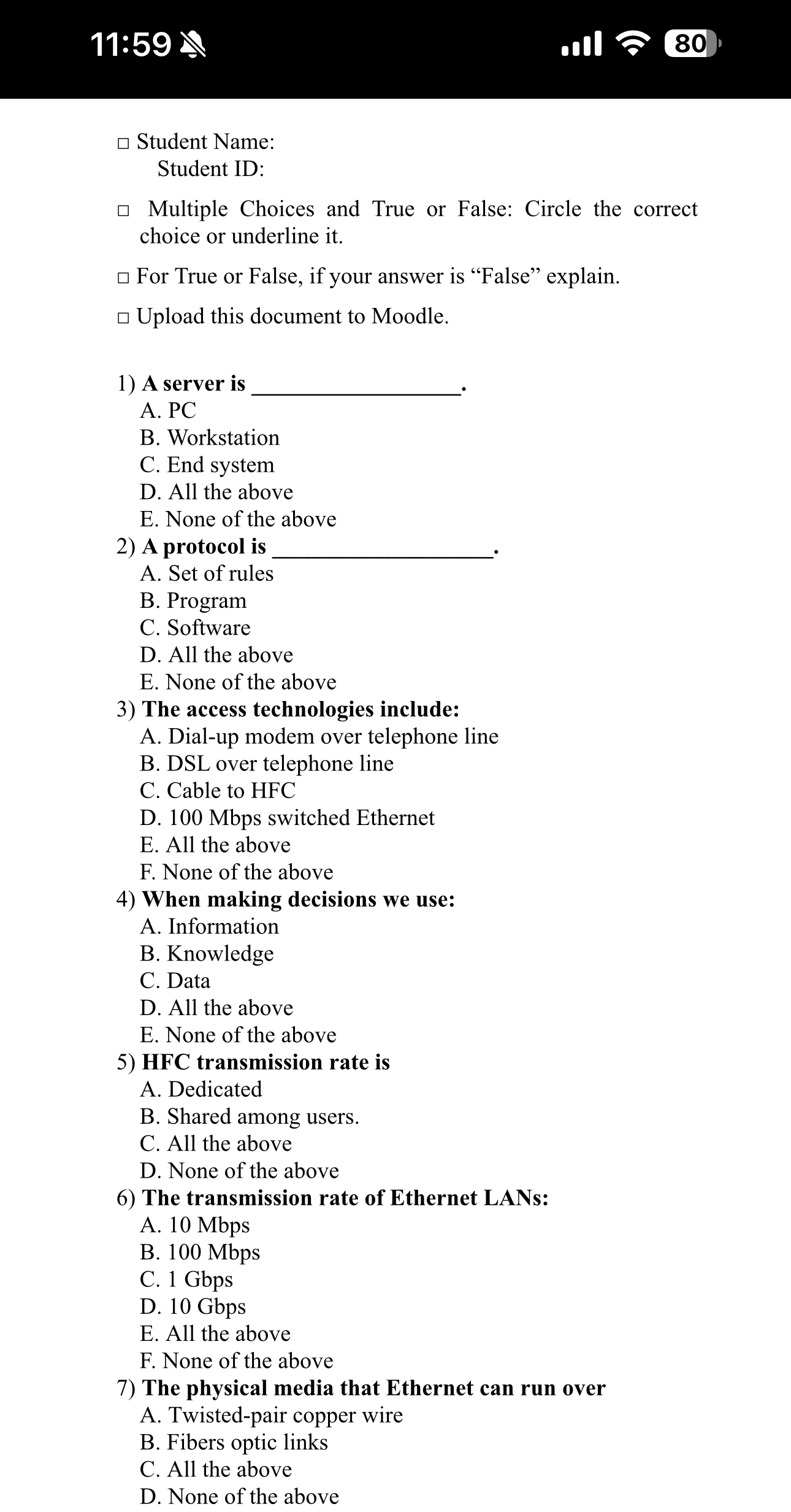 1 1 : 5 9 ll 8 0 Student Name: Student ID: