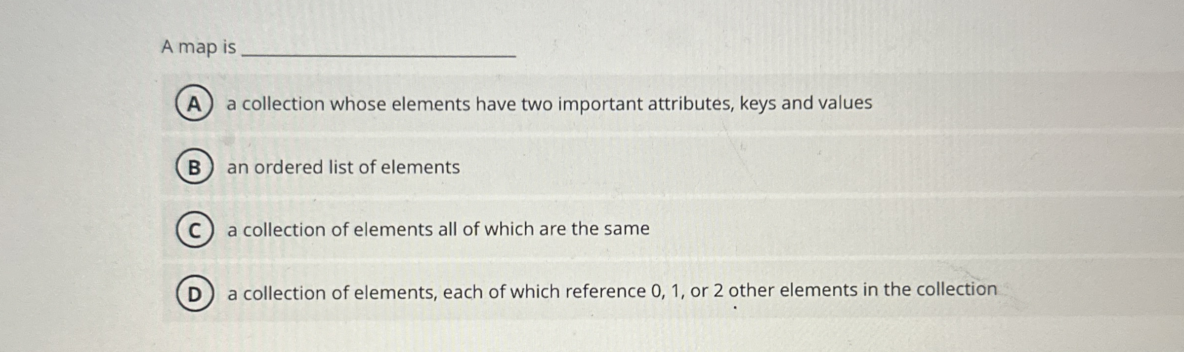 A map is a collection whose elements have two
