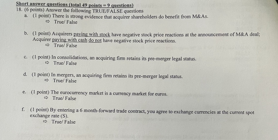 Short answer questions (total 49 points = 9