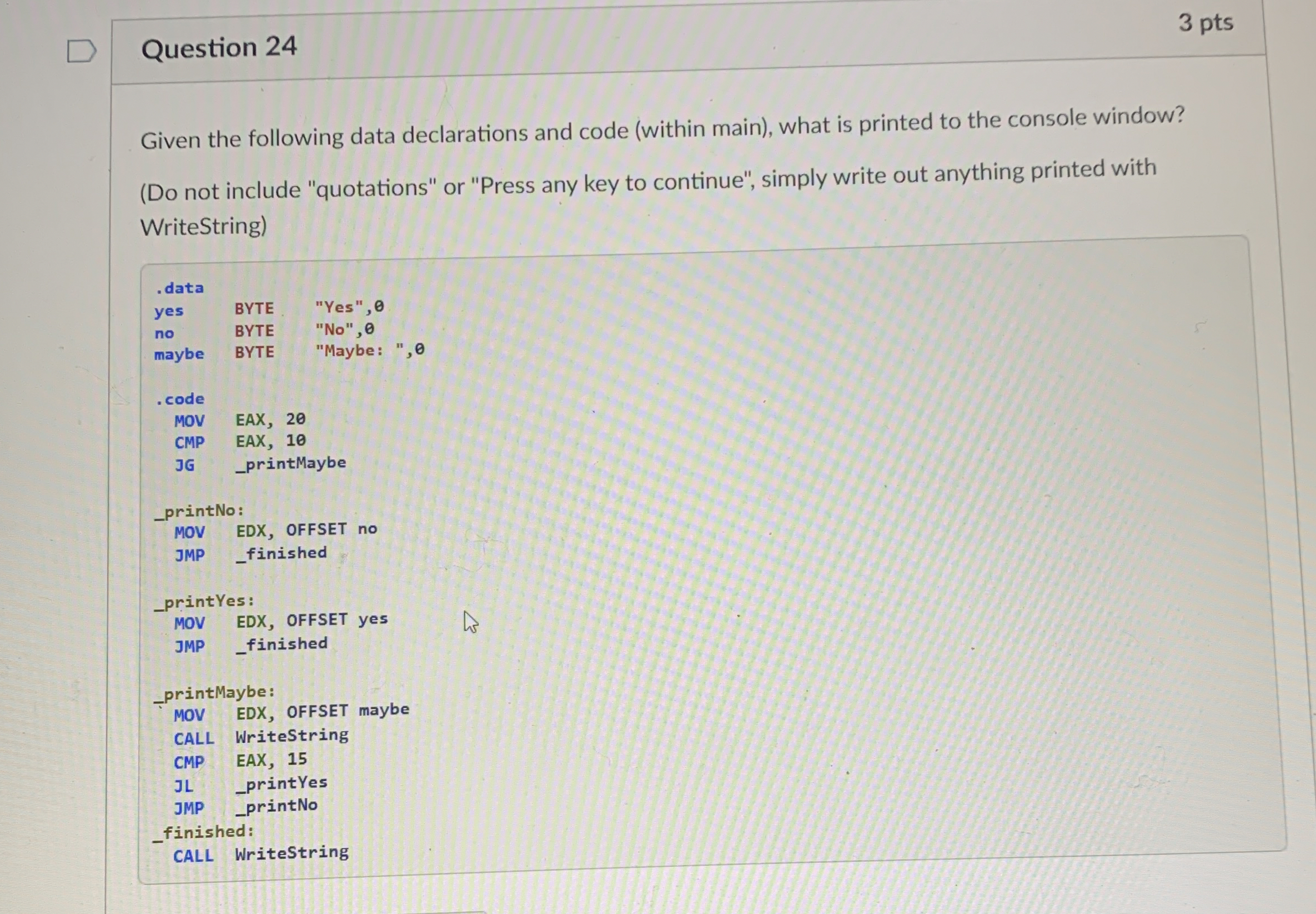 Question 2 4 3 pts Given the following data
