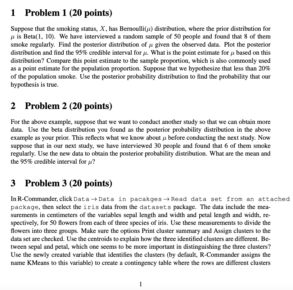 1 Problem 1 ( 2 0 points ) Suppose that the