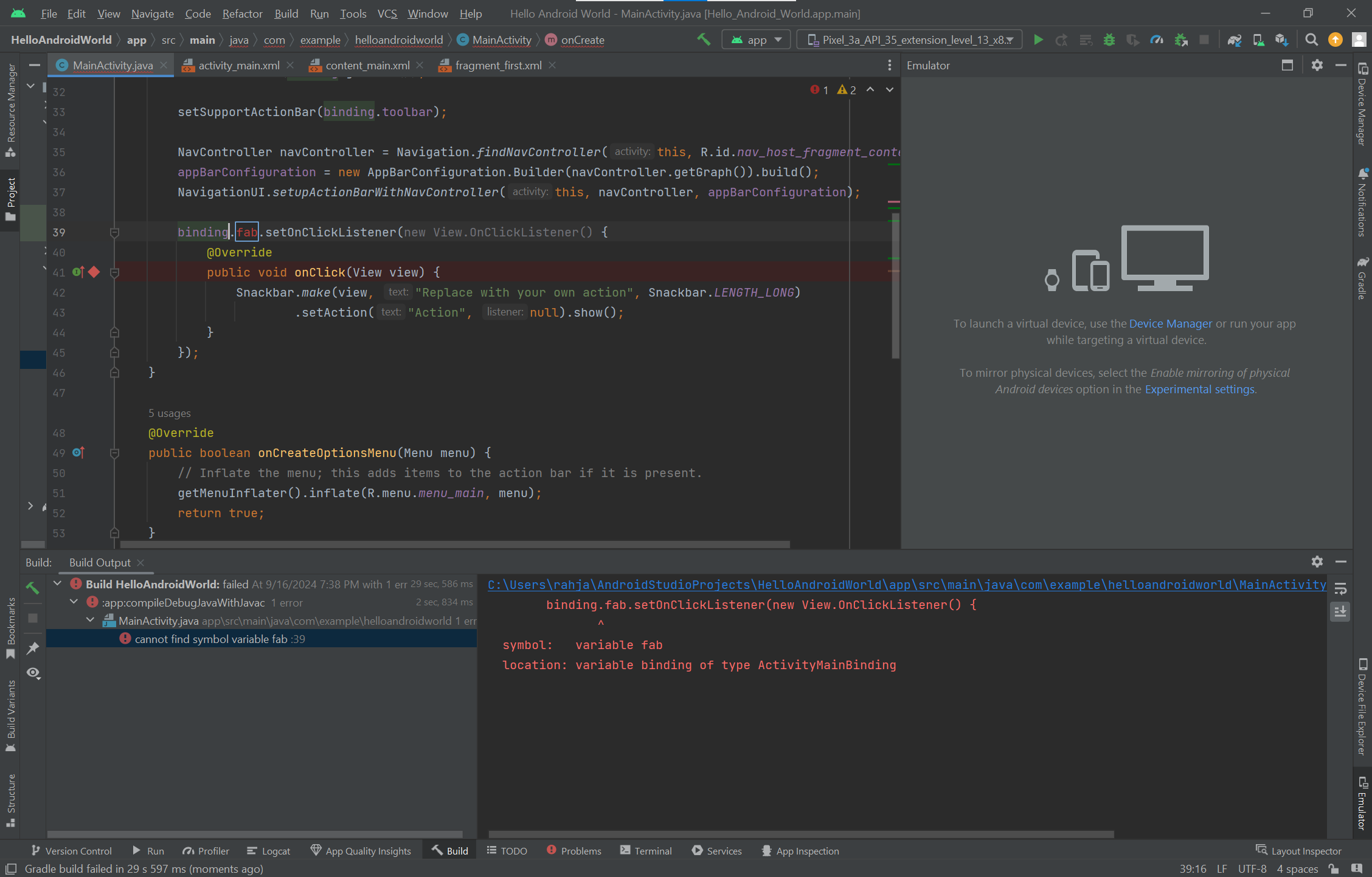 android stuido electric eel hello world app it is