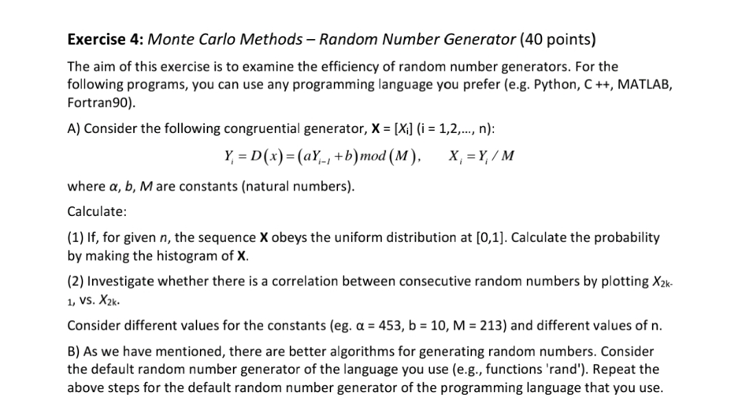 Exercise 4 : Monte Carlo Methods - Random Number