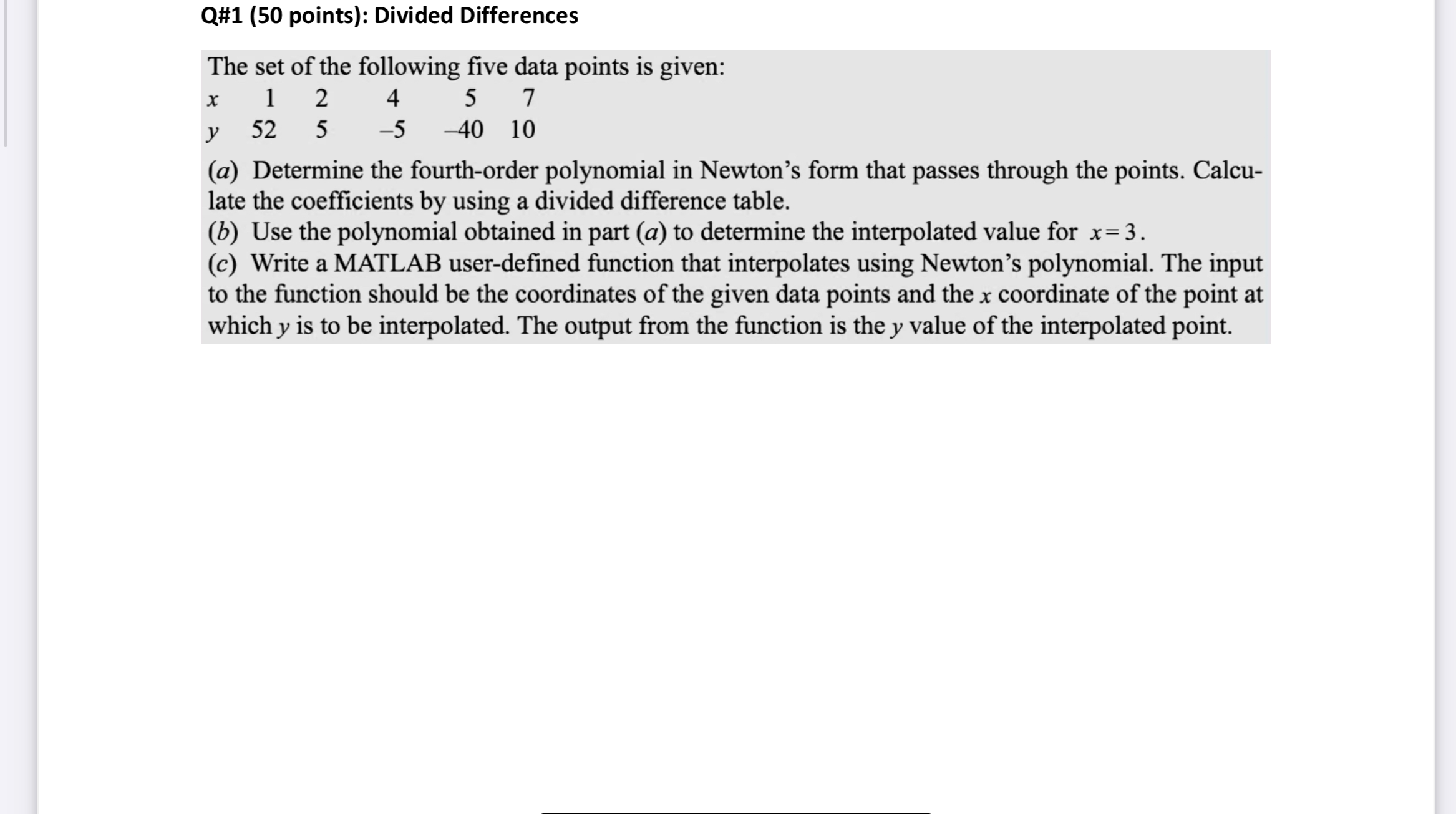 Q# 1 ( 5 0 points ) : Divided Differences The set