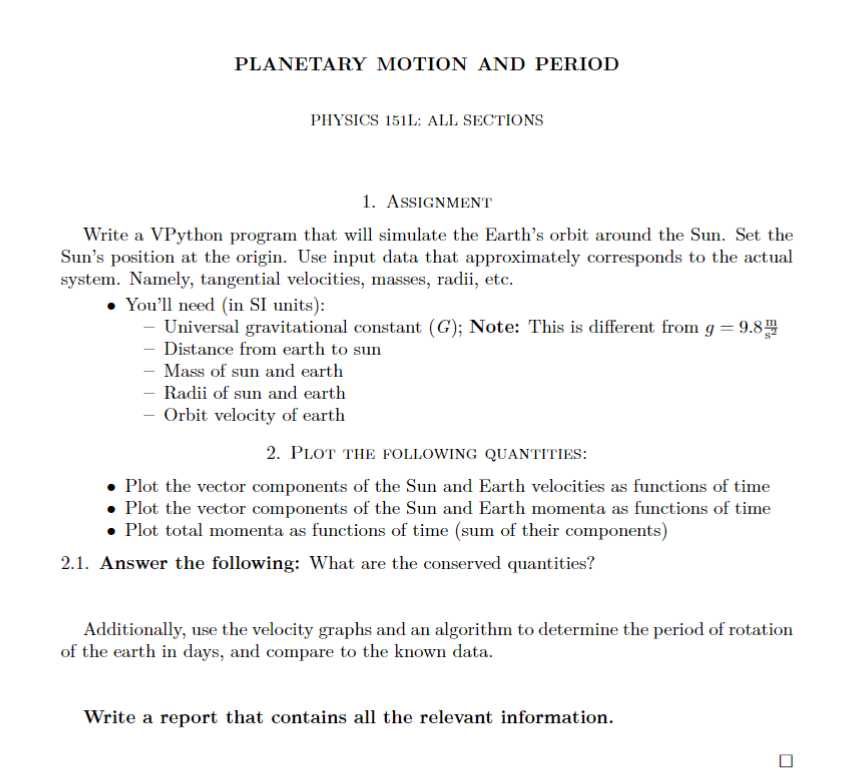 PHYSICS 1 5 1 L: ALL SECTIONS Assignment Write a