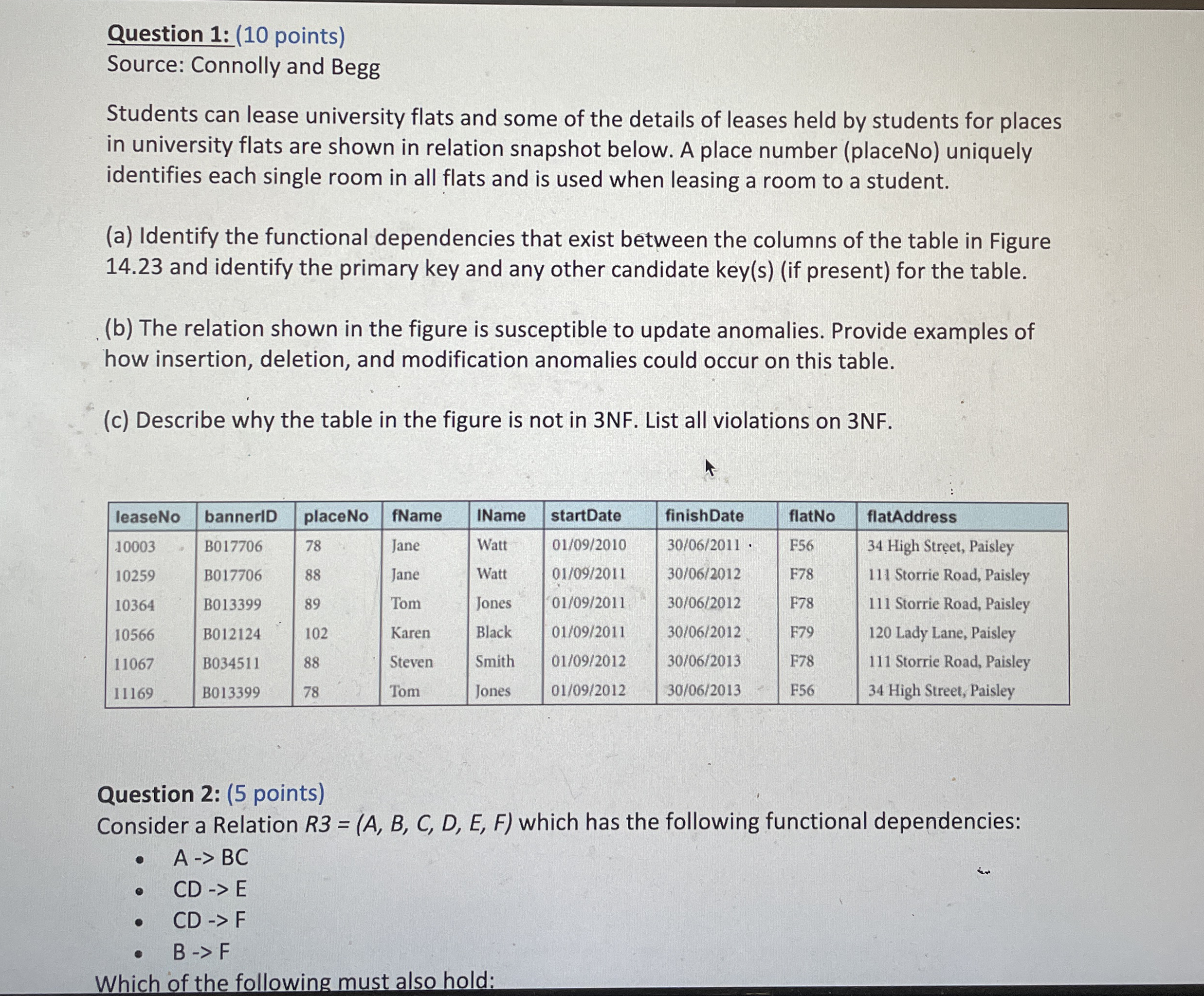 Question 1 : ( 1 0 points ) Source: Connolly and