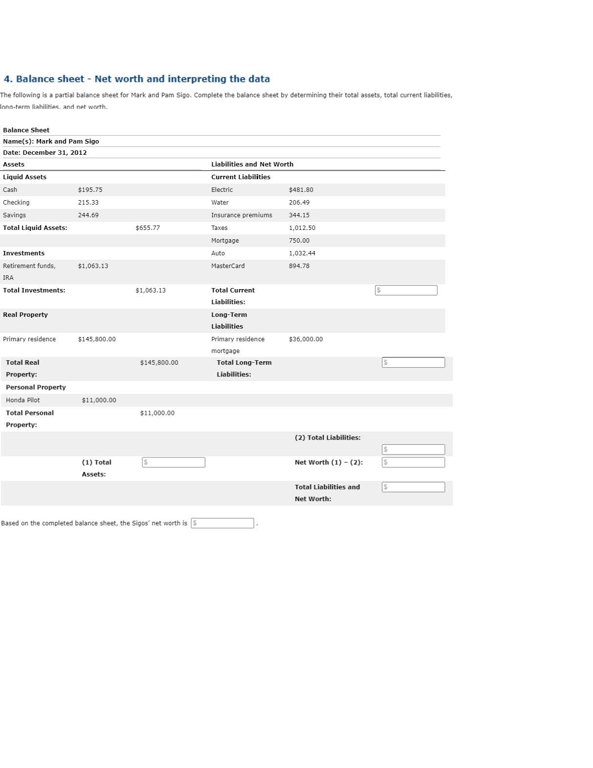 4. Balance sheet - Net worth and interpreting the