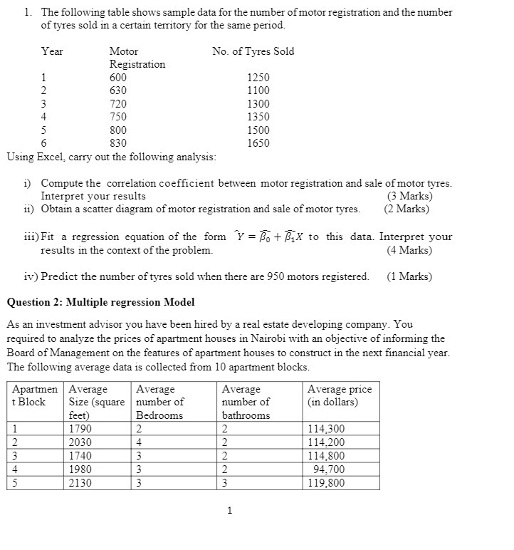 1. rI'he following table shows sample data