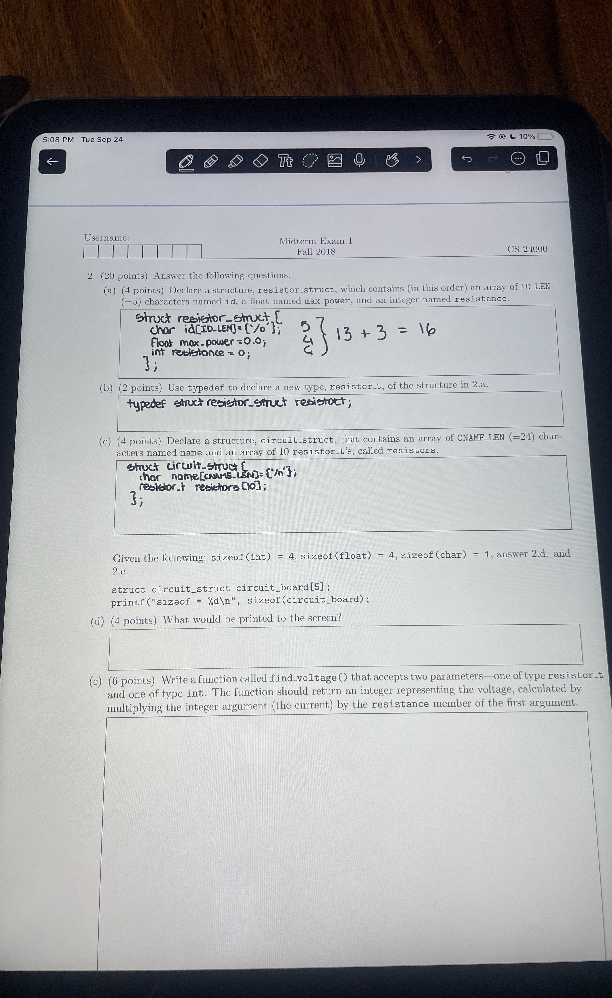 Username: Midterm Exam 1 Fall 2 0 1 8 CS 2 4 0 0