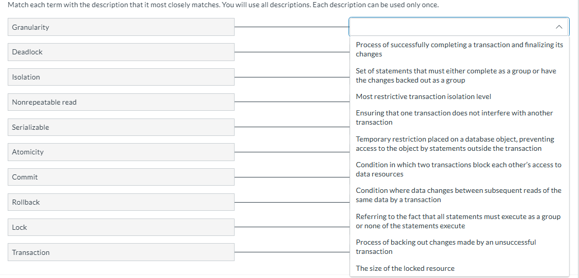 Match each term with the description that it most