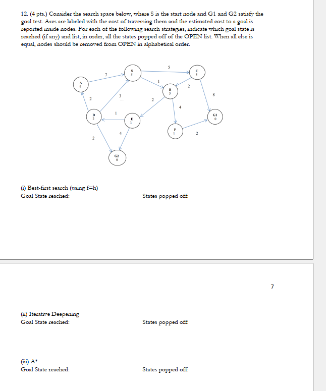 1 2 . ( 4 pts . ) Consider the search space