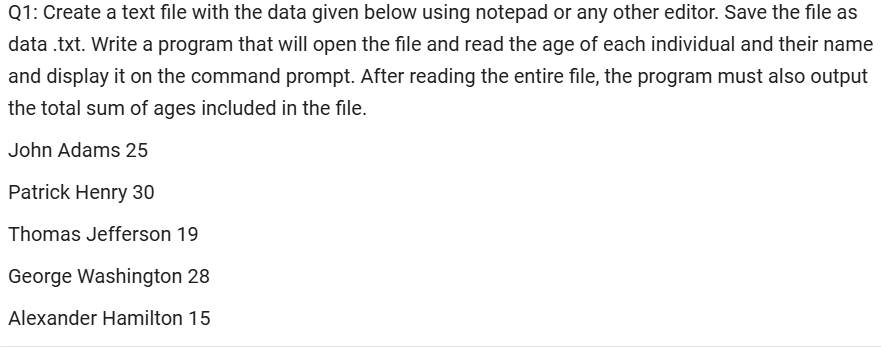 Q 1 : Create a text file with the data given