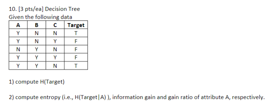 1 0 . [ 3 pts / ea ] Decision Tree Given the