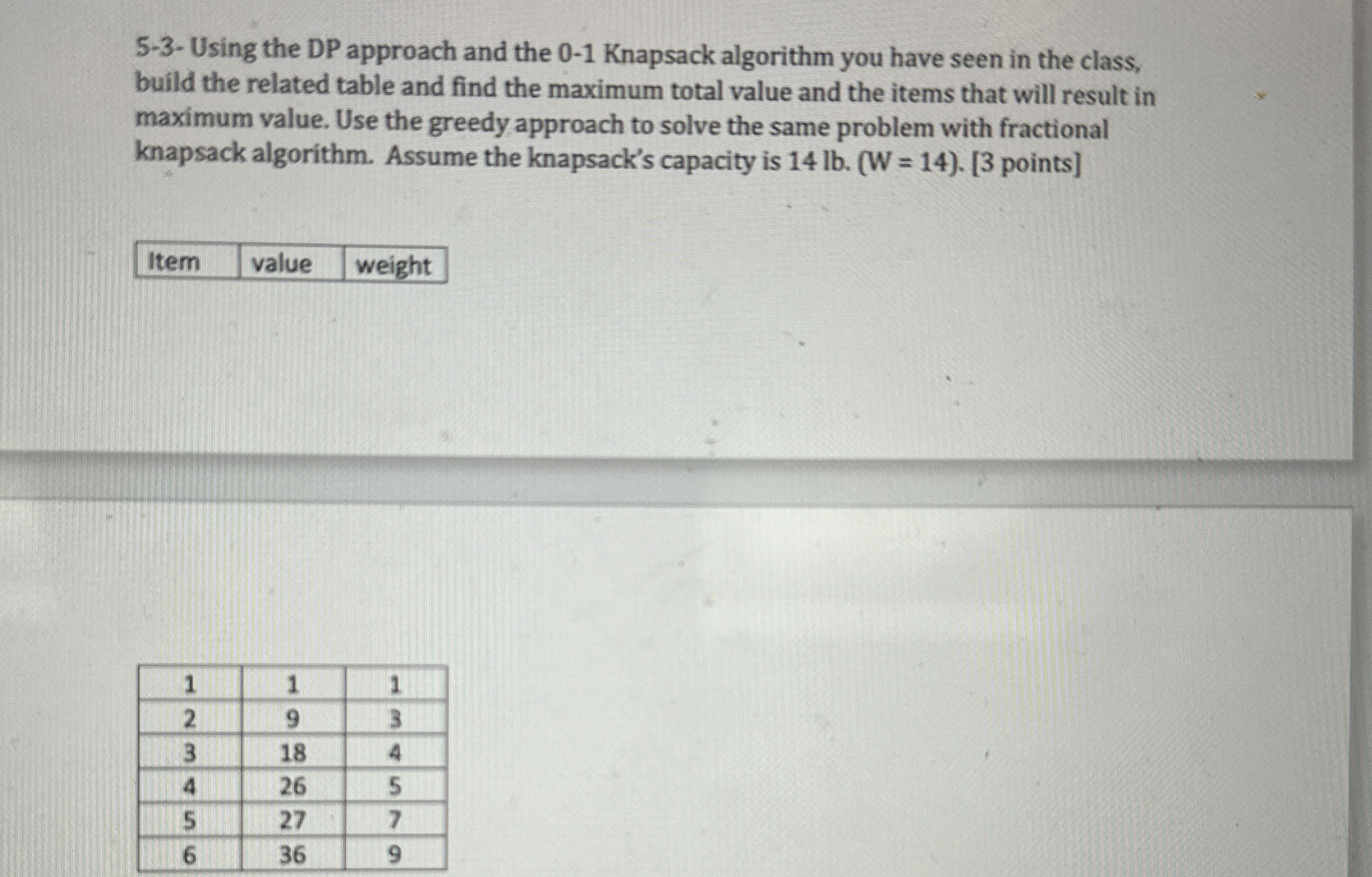 5 - 3 - Using the DP approach and the 0 - 1