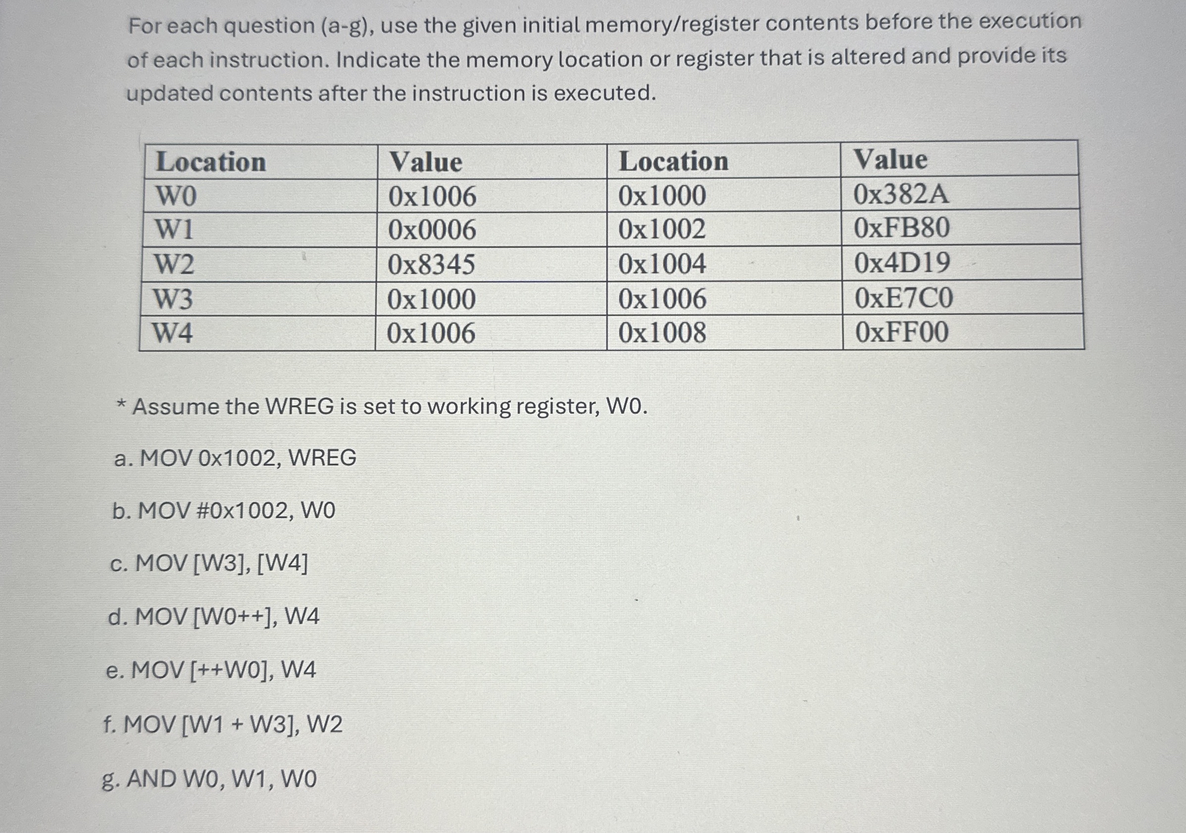 For each question ( a - g ) , use the given
