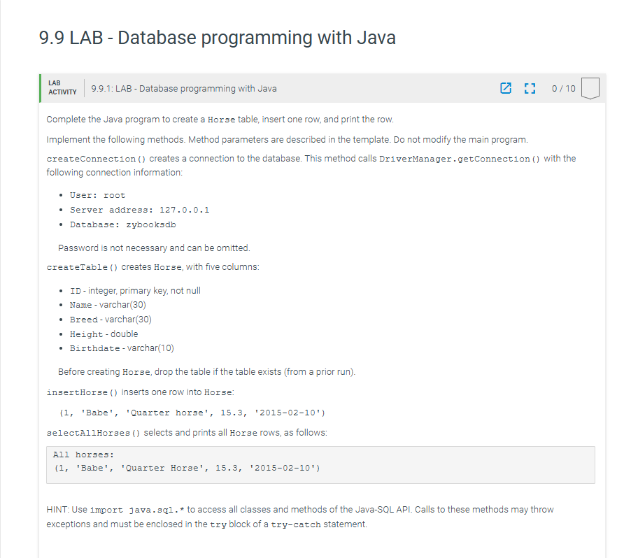 9 . 9 LAB - Database programming with Java 9 . 9