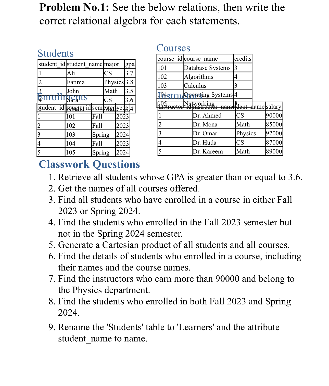 Problem No . 1 : See the below relations, then