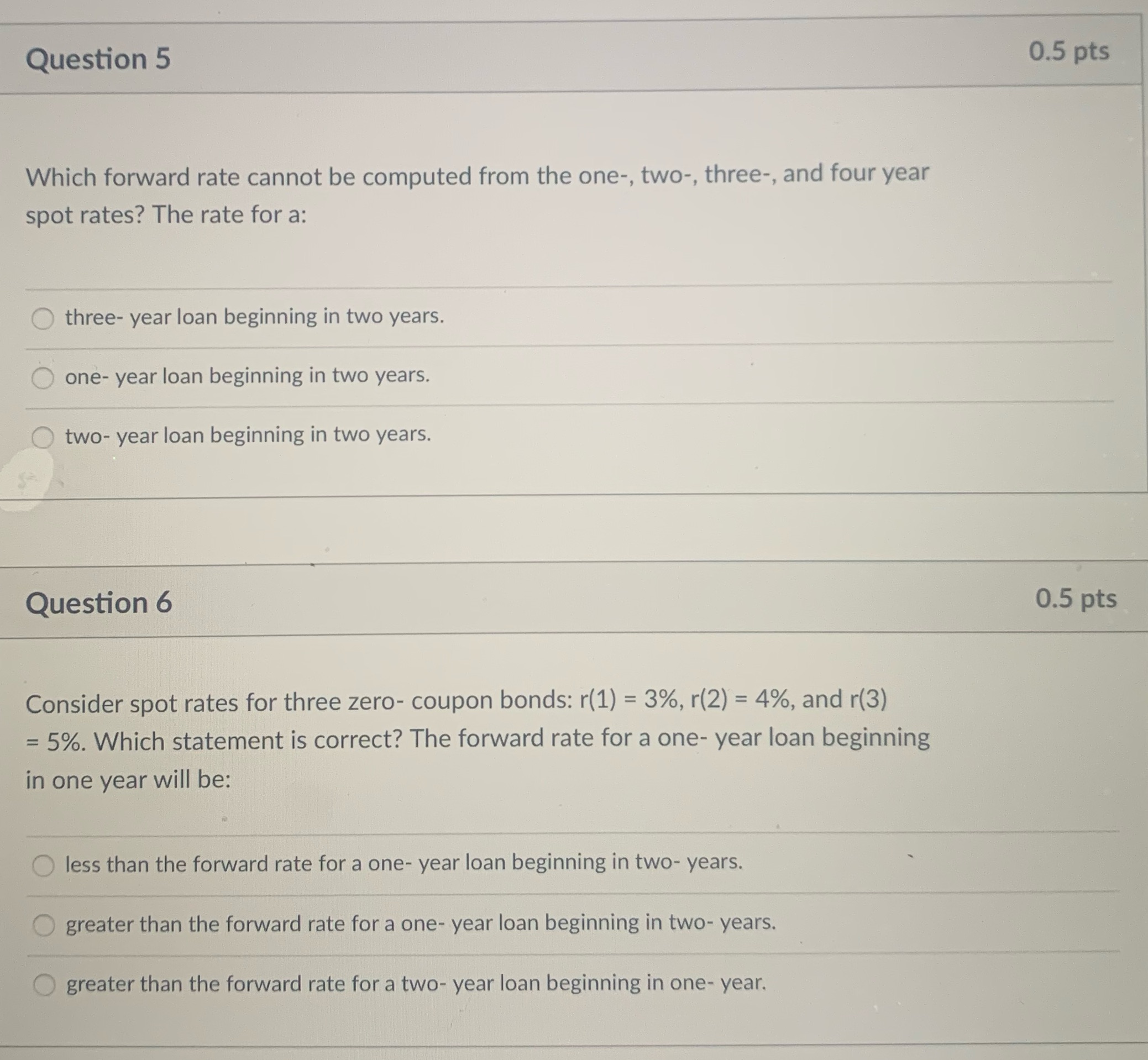 Question 5 0.5 pts Which forward rate cannot be