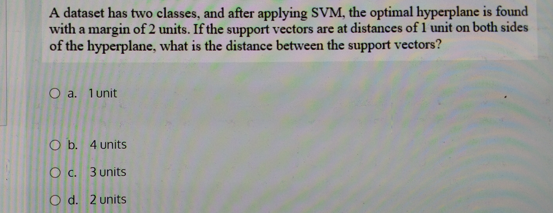 A dataset has two classes, and after applying SVM