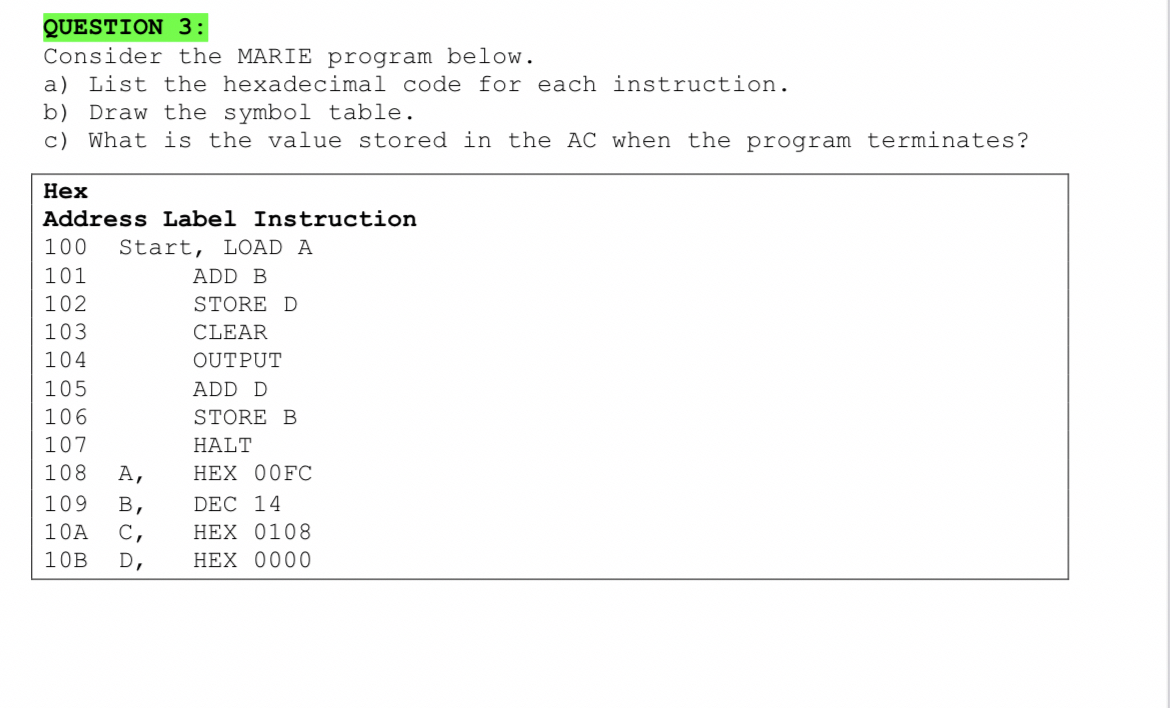 QUESTION 2 : List the hexadecimal code for the