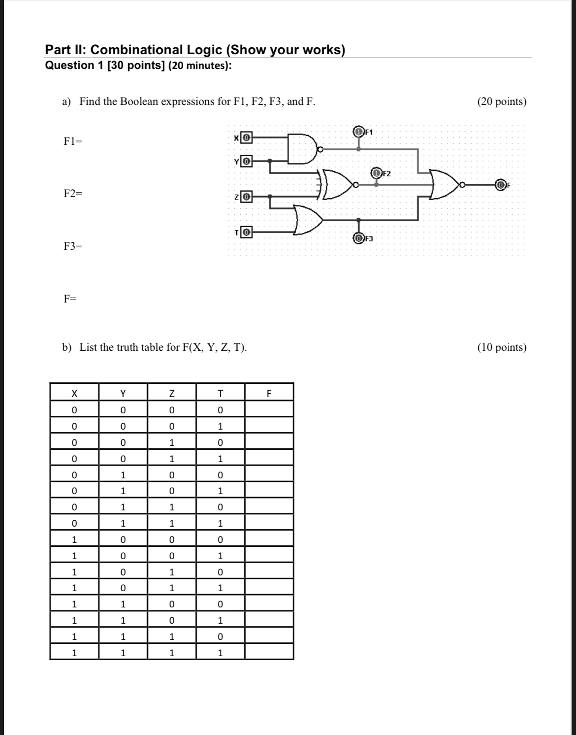 Part II: Combinational Logic ( Show your works )