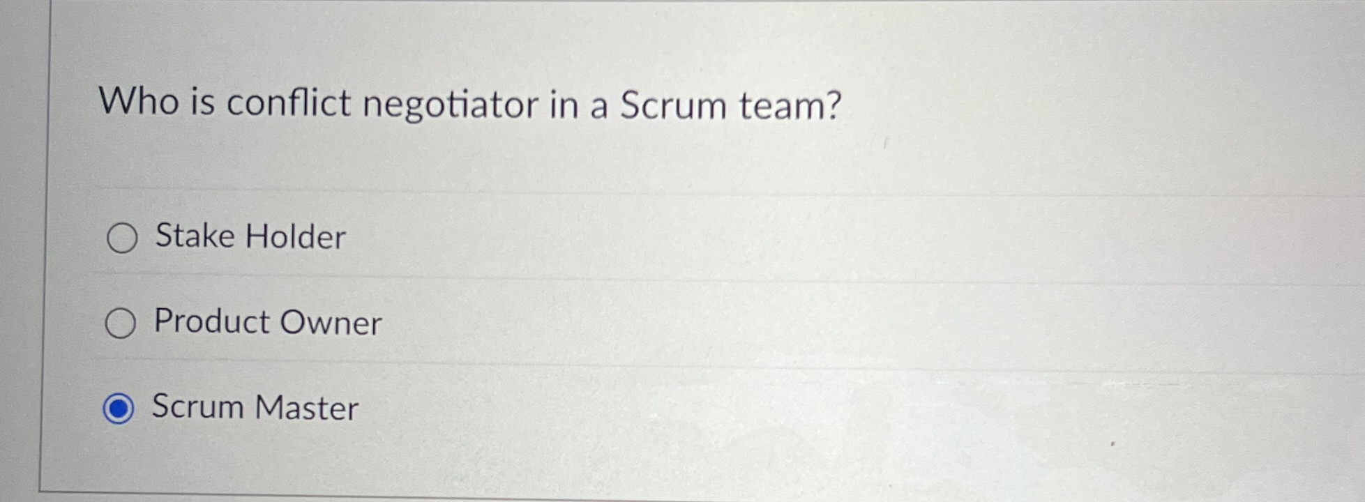 Who is conflict negotiator in a Scrum team? Stake